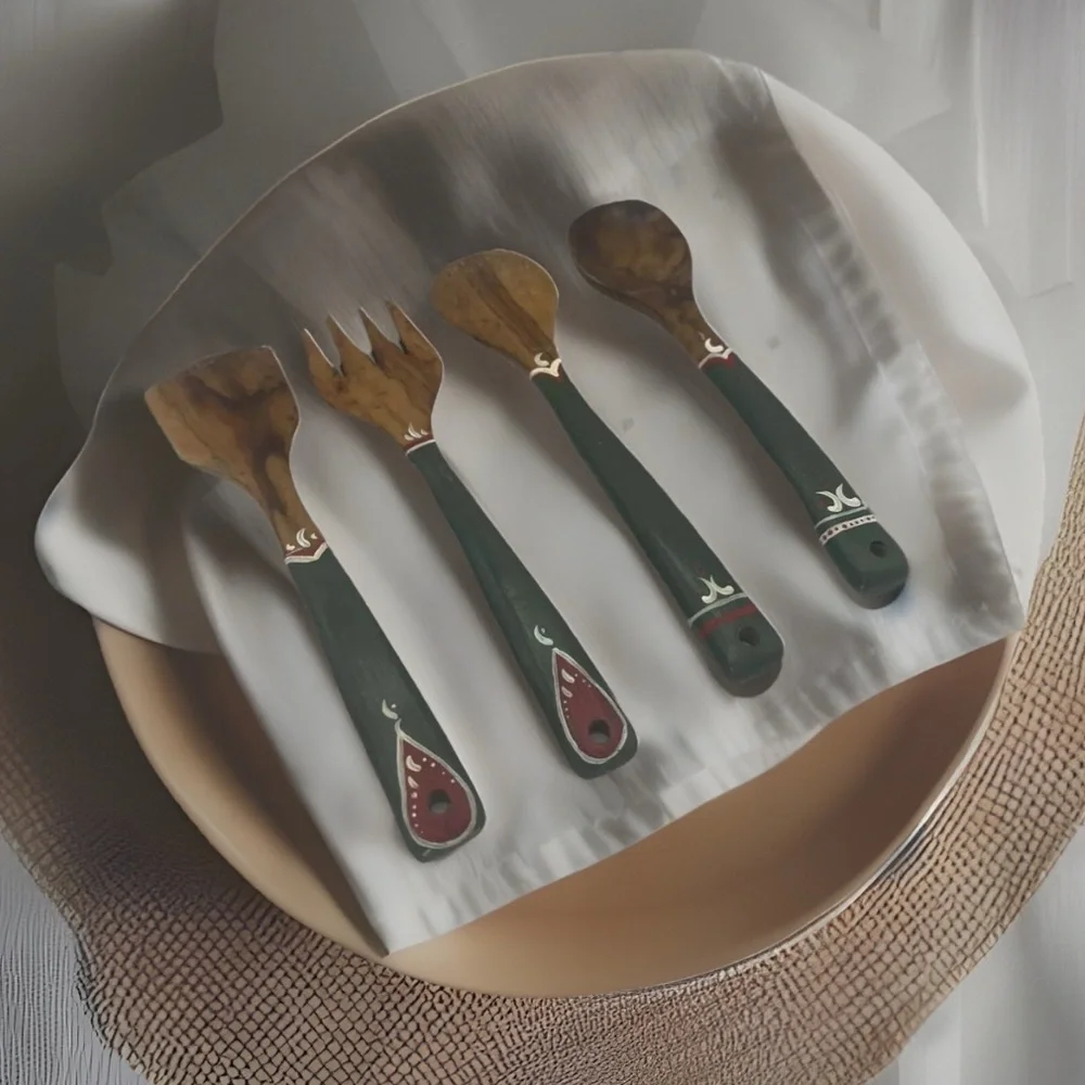 Old Hand Painted Wooden Salad Servers - 4 Pcs 9.5